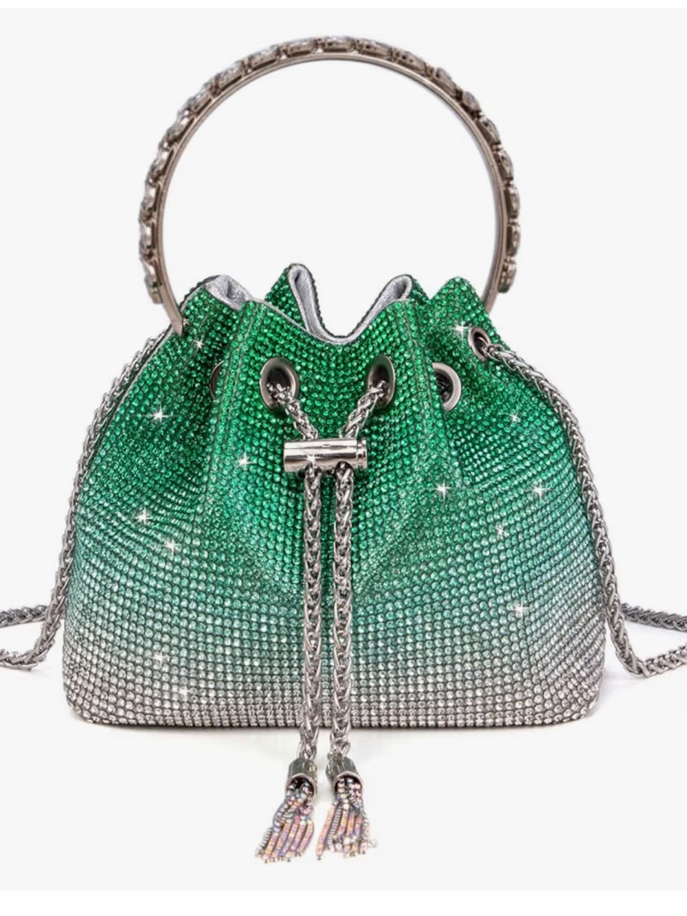 Green Crystal Rhinestone Drawstring Clutch Purse